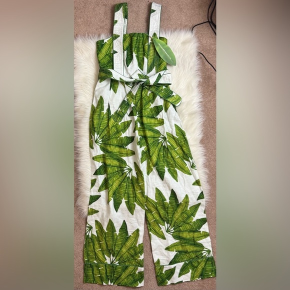New Farm Rio Off White Palm Fan Leaves Jumpsuit Wide Leg Belted Tropical Vaca - Picture 3 of 7
